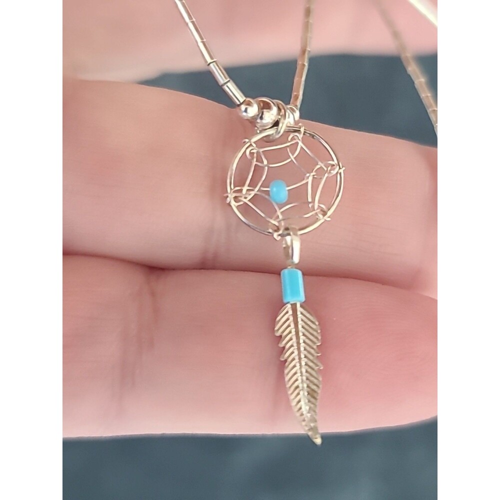 Sterling Liquid Silver Faux Turquoise Beaded Dream Catcher Pendant Necklace